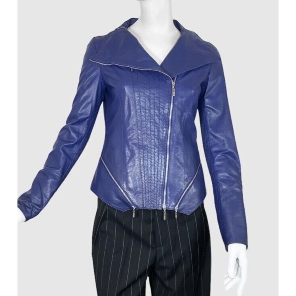 Escada Electric Blue Leather Zip Moto Jacket